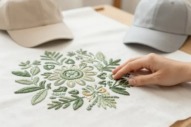 Close-up shot of a white, Polish hand gently touching a richly detailed embroidered pattern on a dark fabric. The embroidery features vibrant threads forming a complex floral motif, showcasing exceptional craftsmanship and attention to detail. The texture of the fabric and the raised threads of the embroidery are clearly visible, highlighting the quality and artistry involved.Art direction: Clean approachable lifestyle, dominant color palette: warm neutrals: off-white, cream, soft beige, sage, warm grey, with one gentle accent, accent color: green, light: soft natural daylight, airy and even, gentle shadows, low contrast, composition and framing: clean, balanced, human-centered, comfortable negative space, candid framing, finish/texture: soft, natural, organic textures, matte, no heavy filters, mood: welcoming,clear,genuine,approachable,calm. Style prompt: clean approachable lifestyle photography, soft natural daylight, warm neutral palette, balanced uncluttered composition, candid authentic moment, friendly and reassuring, shallow depth of field, sharp focus, 50mm, close-up on detailed embroidery, hands crafting textiles, personalized apparel, custom hats, corporate branding, unique gifts, high-quality stitching