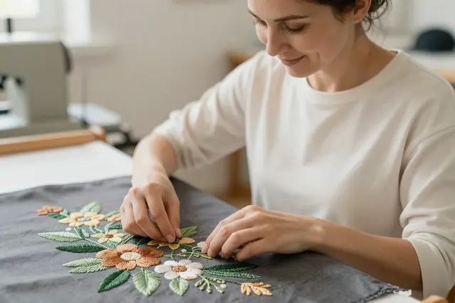 A close-up, photorealistic shot of a Polish woman, appearing to be in her late 30s and of White ethnicity, meticulously inspecting a piece of dark fabric with intricate, high-quality embroidery. The embroidery features a detailed floral pattern in vibrant thread colors, showcasing precision and durability. The background is softly blurred, suggesting a professional workshop environment with subtle hints of textile machinery and organized materials. The lighting is even and natural, highlighting the texture of the fabric and the fine details of the stitching.Art direction: Clean approachable lifestyle, dominant color palette: warm neutrals: off-white, cream, soft beige, sage, warm grey, with one gentle accent, accent color: green, light: soft natural daylight, airy and even, gentle shadows, low contrast, composition and framing: clean, balanced, human-centered, comfortable negative space, candid framing, finish/texture: soft, natural, organic textures, matte, no heavy filters, mood: welcoming,clear,genuine,approachable,calm. Style prompt: clean approachable lifestyle photography, soft natural daylight, warm neutral palette, balanced uncluttered composition, candid authentic moment, friendly and reassuring, shallow depth of field, sharp focus, 50mm, close-up on detailed embroidery, hands crafting textiles, personalized apparel, custom hats, corporate branding, unique gifts, high-quality stitching
