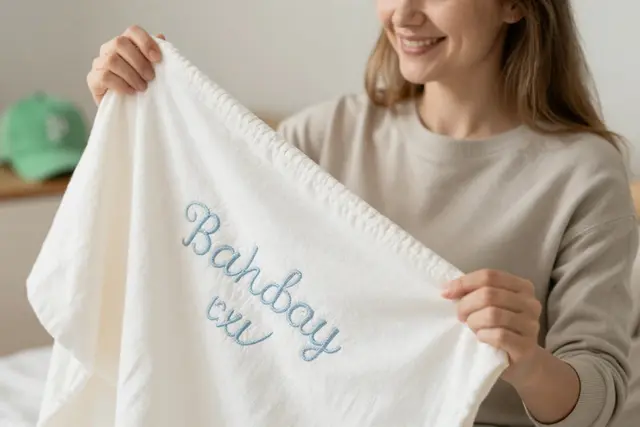 A Polish woman, with fair skin and light brown hair, smiles warmly as she holds a beautifully embroidered white baby blanket. The blanket features delicate, personalized text in a soft blue thread, suggesting a gift for a newborn. The background is softly blurred, hinting at a cozy, domestic setting, with warm lighting that accentuates the texture of the fabric and the intricate stitching. The overall impression is one of warmth, love, and thoughtful personalization.Art direction: Clean approachable lifestyle, dominant color palette: warm neutrals: off-white, cream, soft beige, sage, warm grey, with one gentle accent, accent color: green, light: soft natural daylight, airy and even, gentle shadows, low contrast, composition and framing: clean, balanced, human-centered, comfortable negative space, candid framing, finish/texture: soft, natural, organic textures, matte, no heavy filters, mood: welcoming,clear,genuine,approachable,calm. Style prompt: clean approachable lifestyle photography, soft natural daylight, warm neutral palette, balanced uncluttered composition, candid authentic moment, friendly and reassuring, shallow depth of field, sharp focus, 50mm, close-up on detailed embroidery, hands crafting textiles, personalized apparel, custom hats, corporate branding, unique gifts, high-quality stitching