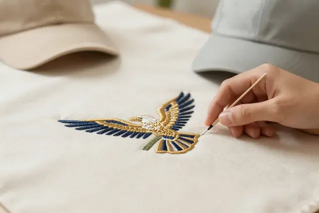 Close-up macro shot of a highly detailed, intricate embroidered logo featuring a stylized eagle in shades of gold and deep blue, stitched onto a dark fabric. The fine threads are sharply in focus, showcasing the precision and texture of the computer embroidery.Art direction: Clean approachable lifestyle, dominant color palette: warm neutrals: off-white, cream, soft beige, sage, warm grey, with one gentle accent, accent color: green, light: soft natural daylight, airy and even, gentle shadows, low contrast, composition and framing: clean, balanced, human-centered, comfortable negative space, candid framing, finish/texture: soft, natural, organic textures, matte, no heavy filters, mood: welcoming,clear,genuine,approachable,calm. Style prompt: clean approachable lifestyle photography, soft natural daylight, warm neutral palette, balanced uncluttered composition, candid authentic moment, friendly and reassuring, shallow depth of field, sharp focus, 50mm, close-up on detailed embroidery, hands crafting textiles, personalized apparel, custom hats, corporate branding, unique gifts, high-quality stitching