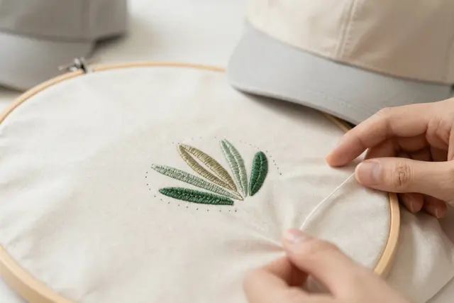 Close-up shot of a meticulously crafted embroidered patch. The patch displays a detailed design with precise stitching and rich textures, highlighting the quality and fine details of the embroidery. The background is subtly blurred, drawing full attention to the patch itself.Art direction: Clean approachable lifestyle, dominant color palette: warm neutrals: off-white, cream, soft beige, sage, warm grey, with one gentle accent, accent color: green, light: soft natural daylight, airy and even, gentle shadows, low contrast, composition and framing: clean, balanced, human-centered, comfortable negative space, candid framing, finish/texture: soft, natural, organic textures, matte, no heavy filters, mood: welcoming,clear,genuine,approachable,calm. Style prompt: clean approachable lifestyle photography, soft natural daylight, warm neutral palette, balanced uncluttered composition, candid authentic moment, friendly and reassuring, shallow depth of field, sharp focus, 50mm, close-up on detailed embroidery, hands crafting textiles, personalized apparel, custom hats, corporate branding, unique gifts, high-quality stitching