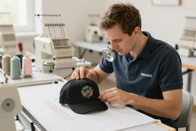 A Polish, White male embroidery technician in his late 30s, wearing a dark blue Wronex branded polo shirt, carefully inspects a complex, multi-colored embroidered logo on a black baseball cap using a magnifying lamp in a brightly lit embroidery workshop. The background shows rows of advanced embroidery machines and neatly organized spools of thread in various vibrant colors.Art direction: Clean approachable lifestyle, dominant color palette: warm neutrals: off-white, cream, soft beige, sage, warm grey, with one gentle accent, accent color: green, light: soft natural daylight, airy and even, gentle shadows, low contrast, composition and framing: clean, balanced, human-centered, comfortable negative space, candid framing, finish/texture: soft, natural, organic textures, matte, no heavy filters, mood: welcoming,clear,genuine,approachable,calm. Style prompt: clean approachable lifestyle photography, soft natural daylight, warm neutral palette, balanced uncluttered composition, candid authentic moment, friendly and reassuring, shallow depth of field, sharp focus, 50mm, close-up on detailed embroidery, hands crafting textiles, personalized apparel, custom hats, corporate branding, unique gifts, high-quality stitching