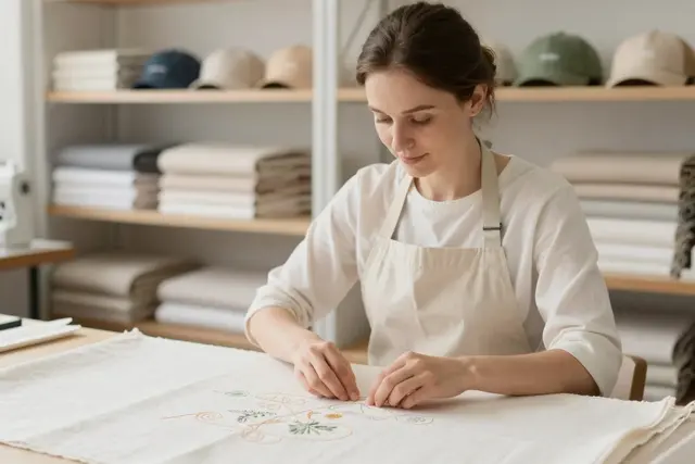 A Polish, White woman, a seamstress, is carefully inspecting a piece of high-quality fabric with intricate embroidery. She is wearing a simple apron over her clothes and her focused expression conveys deep concentration on the task at hand. The background is a well-lit, clean studio space with shelves of neatly folded textiles and sewing equipment visible, suggesting a professional and organized environment.Art direction: Clean approachable lifestyle, dominant color palette: warm neutrals: off-white, cream, soft beige, sage, warm grey, with one gentle accent, accent color: green, light: soft natural daylight, airy and even, gentle shadows, low contrast, composition and framing: clean, balanced, human-centered, comfortable negative space, candid framing, finish/texture: soft, natural, organic textures, matte, no heavy filters, mood: welcoming,clear,genuine,approachable,calm. Style prompt: clean approachable lifestyle photography, soft natural daylight, warm neutral palette, balanced uncluttered composition, candid authentic moment, friendly and reassuring, shallow depth of field, sharp focus, 50mm, close-up on detailed embroidery, hands crafting textiles, personalized apparel, custom hats, corporate branding, unique gifts, high-quality stitching