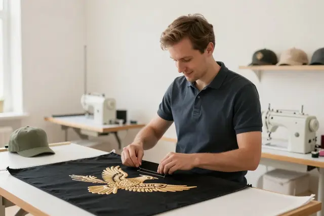 A Polish, White man in his late 30s, wearing a dark blue polo shirt, stands in a bright, modern workshop. He is carefully inspecting a piece of black fabric with a detailed, intricate embroidery of a golden eagle. The embroidery is perfectly stitched, showcasing the precision of the craft. In the background, other pieces of embroidered textiles are visible on shelves, along with various sewing machines and equipment. The overall atmosphere is one of professionalism and dedication to high-quality craftsmanship.Art direction: Clean approachable lifestyle, dominant color palette: warm neutrals: off-white, cream, soft beige, sage, warm grey, with one gentle accent, accent color: green, light: soft natural daylight, airy and even, gentle shadows, low contrast, composition and framing: clean, balanced, human-centered, comfortable negative space, candid framing, finish/texture: soft, natural, organic textures, matte, no heavy filters, mood: welcoming,clear,genuine,approachable,calm. Style prompt: clean approachable lifestyle photography, soft natural daylight, warm neutral palette, balanced uncluttered composition, candid authentic moment, friendly and reassuring, shallow depth of field, sharp focus, 50mm, close-up on detailed embroidery, hands crafting textiles, personalized apparel, custom hats, corporate branding, unique gifts, high-quality stitching
