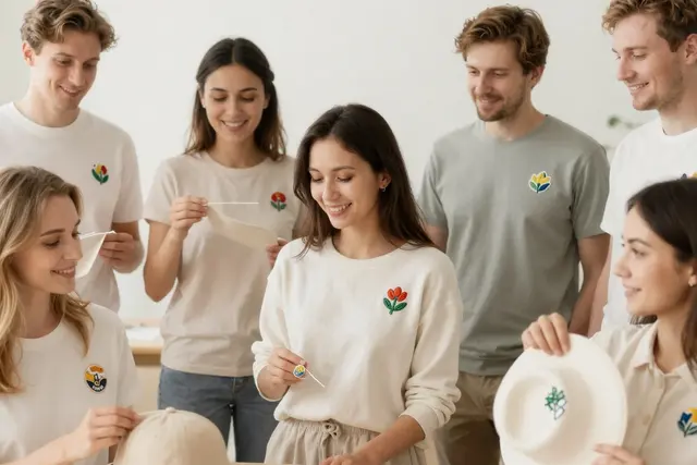 A diverse group of Polish, White individuals of various ages are proudly displaying custom embroidered patches and badges on their clothing and accessories. The patches feature unique designs, vibrant colors, and intricate stitching, showcasing the brand's craftsmanship. The overall scene conveys a sense of individuality and personal expression.Art direction: Clean approachable lifestyle, dominant color palette: warm neutrals: off-white, cream, soft beige, sage, warm grey, with one gentle accent, accent color: green, light: soft natural daylight, airy and even, gentle shadows, low contrast, composition and framing: clean, balanced, human-centered, comfortable negative space, candid framing, finish/texture: soft, natural, organic textures, matte, no heavy filters, mood: welcoming,clear,genuine,approachable,calm. Style prompt: clean approachable lifestyle photography, soft natural daylight, warm neutral palette, balanced uncluttered composition, candid authentic moment, friendly and reassuring, shallow depth of field, sharp focus, 50mm, close-up on detailed embroidery, hands crafting textiles, personalized apparel, custom hats, corporate branding, unique gifts, high-quality stitching