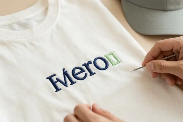 Close-up shot of a white t-shirt showcasing a detailed, navy blue embroidered logo. The intricate stitching and texture of the embroidery are clearly visible, highlighting the precision and quality of the craftsmanship. The fabric of the t-shirt is also visible in sharp detail.Art direction: Clean approachable lifestyle, dominant color palette: warm neutrals: off-white, cream, soft beige, sage, warm grey, with one gentle accent, accent color: green, light: soft natural daylight, airy and even, gentle shadows, low contrast, composition and framing: clean, balanced, human-centered, comfortable negative space, candid framing, finish/texture: soft, natural, organic textures, matte, no heavy filters, mood: welcoming,clear,genuine,approachable,calm. Style prompt: clean approachable lifestyle photography, soft natural daylight, warm neutral palette, balanced uncluttered composition, candid authentic moment, friendly and reassuring, shallow depth of field, sharp focus, 50mm, close-up on detailed embroidery, hands crafting textiles, personalized apparel, custom hats, corporate branding, unique gifts, high-quality stitching